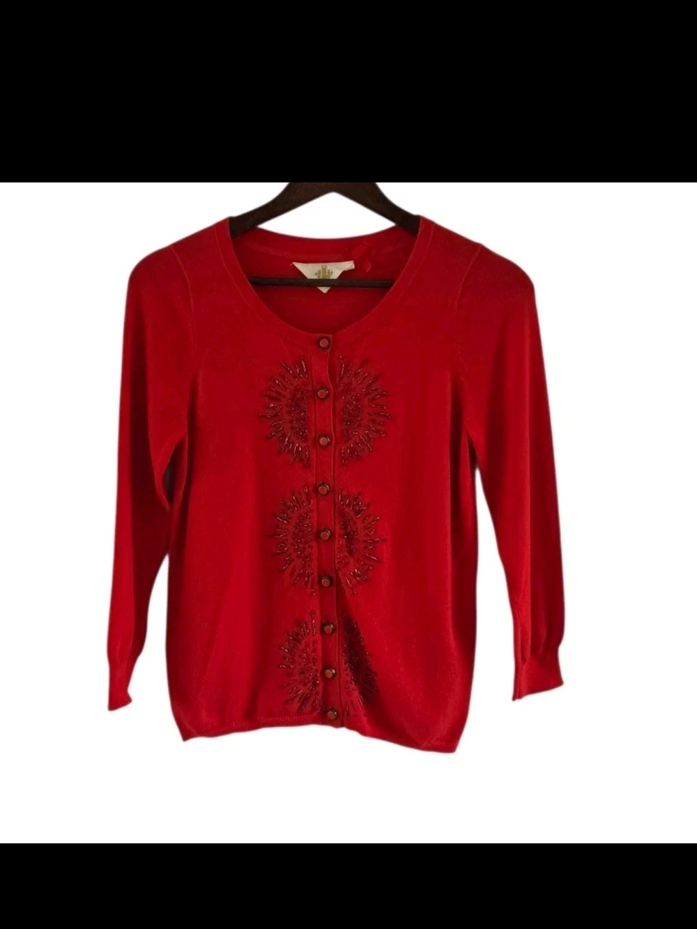 Anthropologie HWR Monogram French Knot Red Beaded Button Cardigan Womens Size S